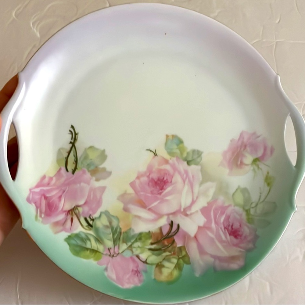 Vintage PM Bavaria pink rose hand painted numbered cake plate shabby chic cottag